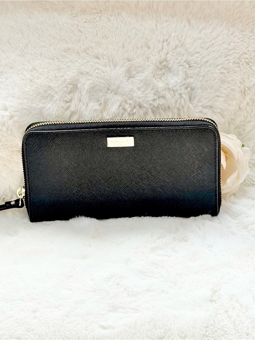 Kate spade Black Zip-Around Saffiano Wallet with Gold Hardware & Outside pocket